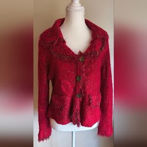 Sioni XL Red Sparkly Chunky Knit Fringe Button Front Cardigan Chic Sweater Boho